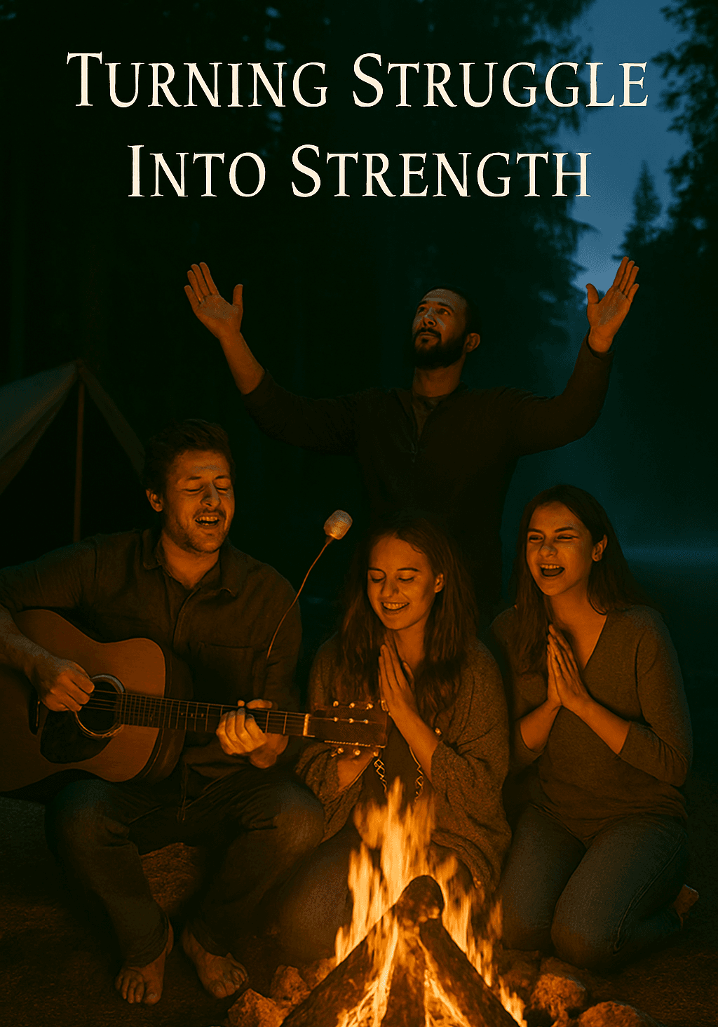 Guests gathered around a campfire at night during an addiction recovery retreat, sharing music, support, and healing in the forest